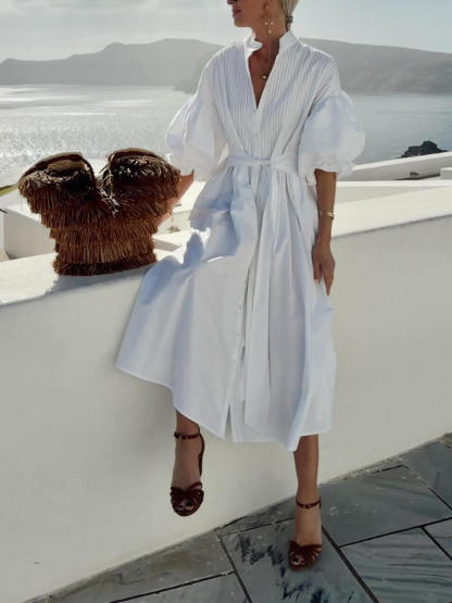 Bohemian Ruched Lantern Sleeve Midi Dress