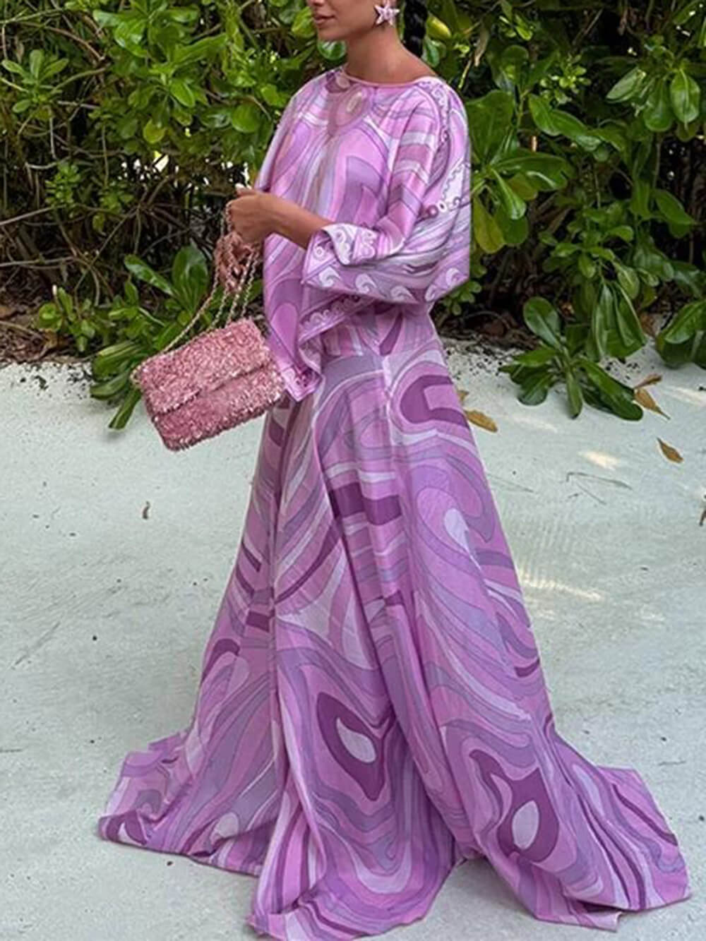 Casual Satin Placement Print Flared Maxi Skirt