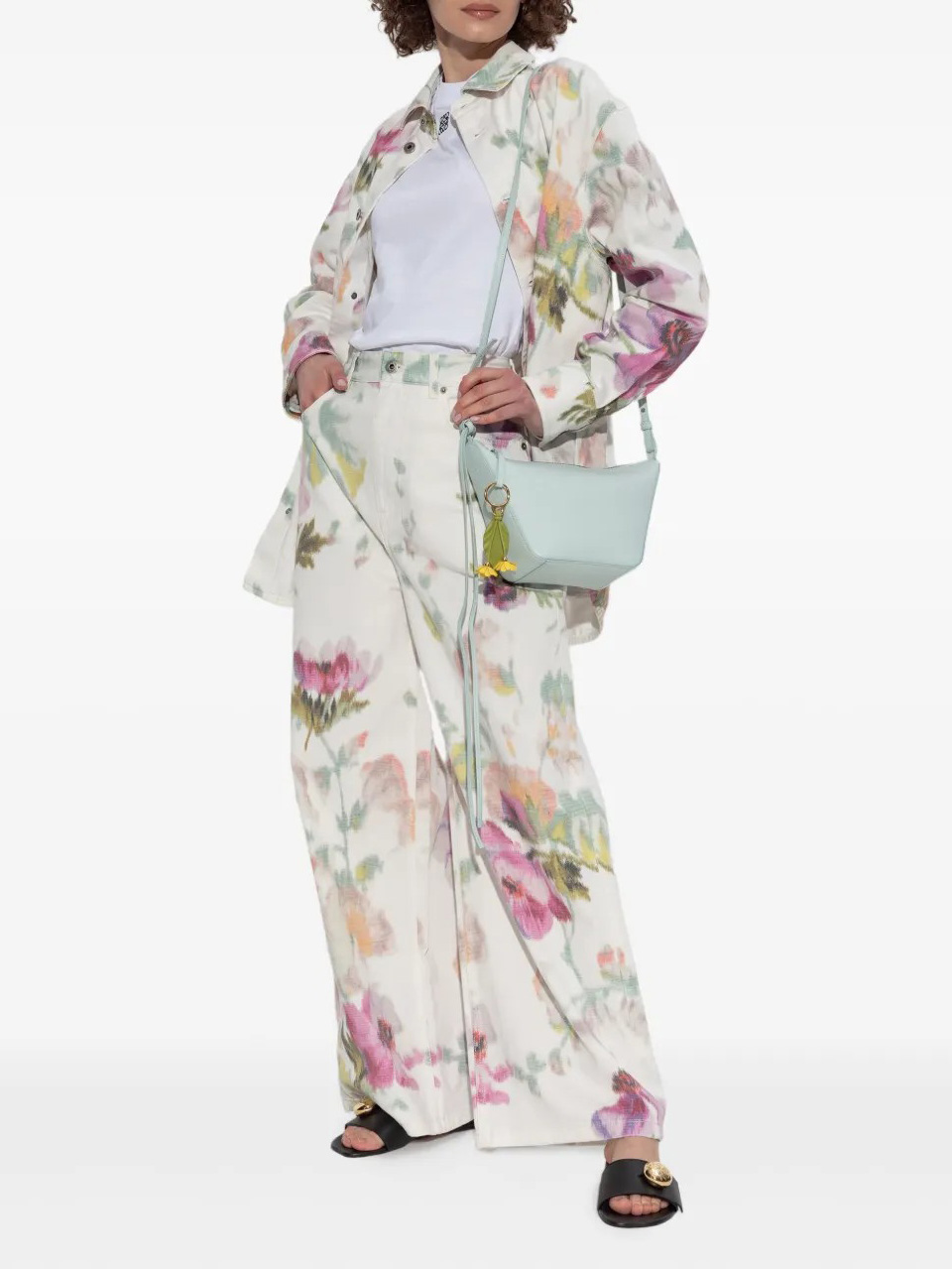 Elegant Neutral Floral Print Button-Down Pants