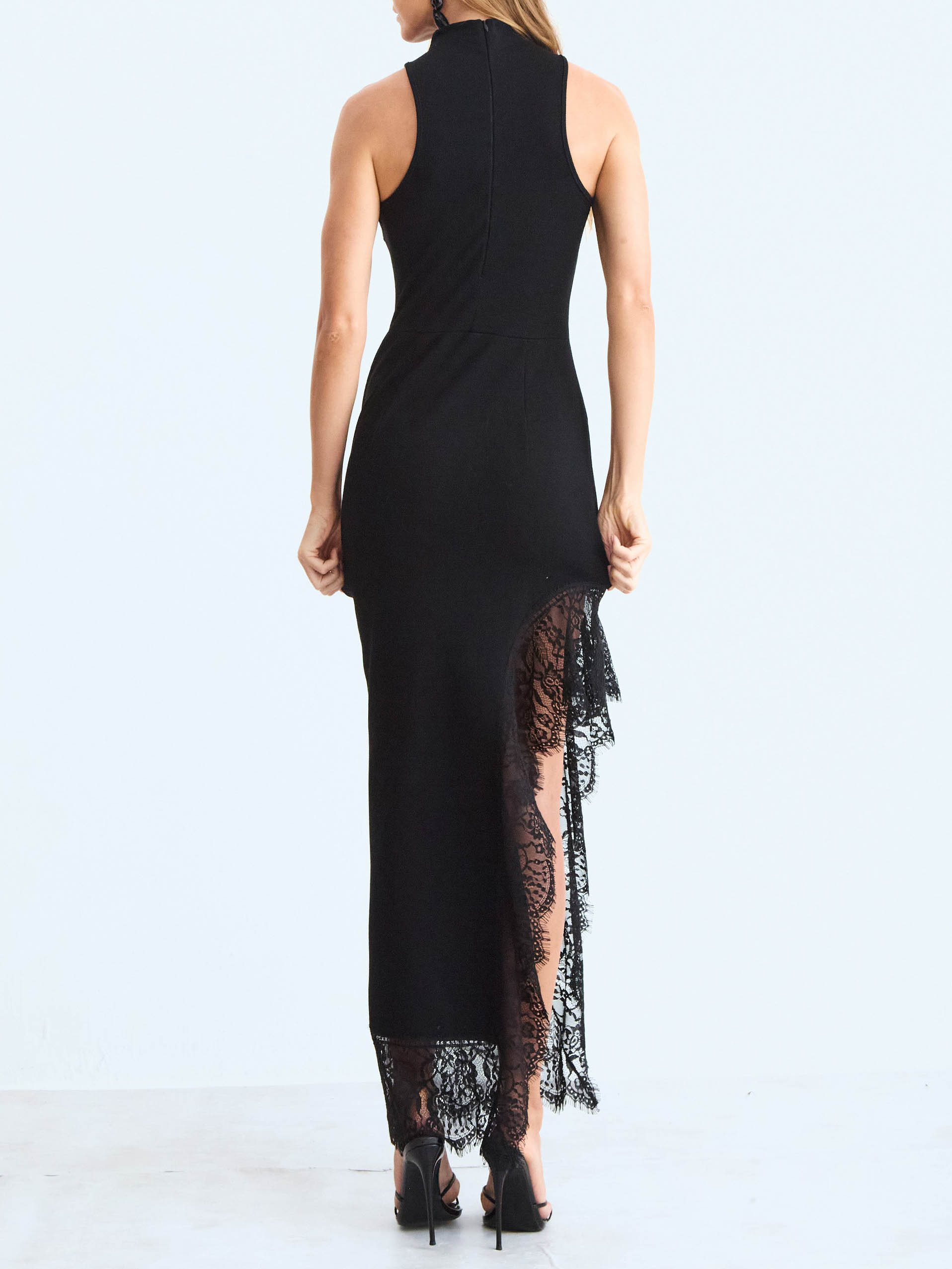 Elegant Halter Lace Trim Asymmetrical Midi Dress