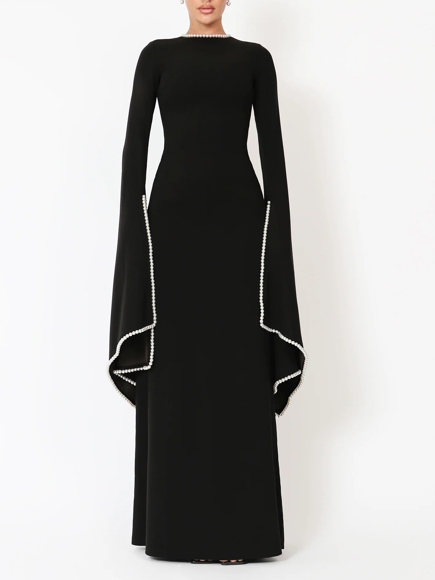 Elegant Pearl-trimmed Flared-sleeve Maxi Dress