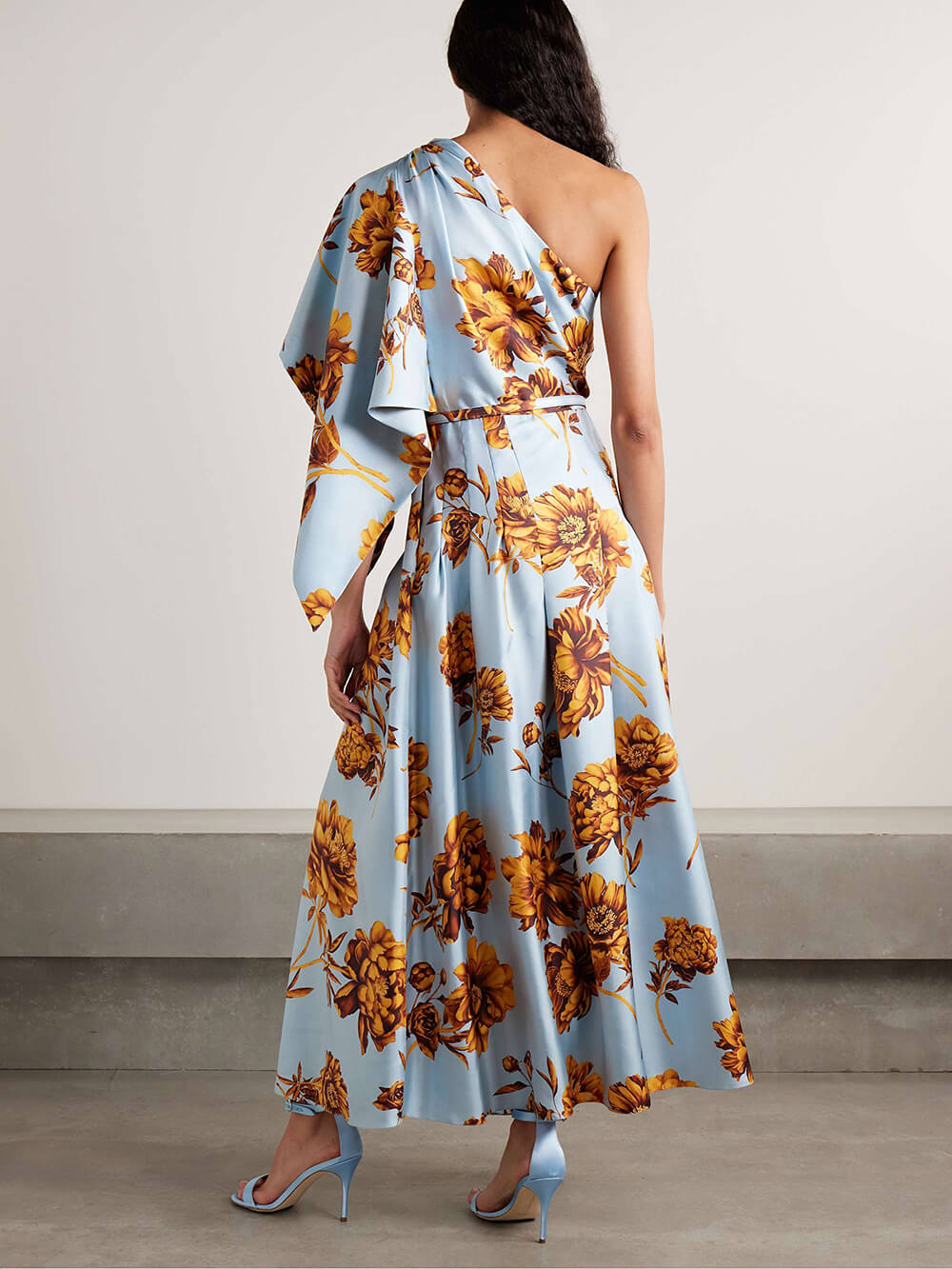 Delicate One-Shoulder Belted Draped Floral-Print Satin Maxi Dress