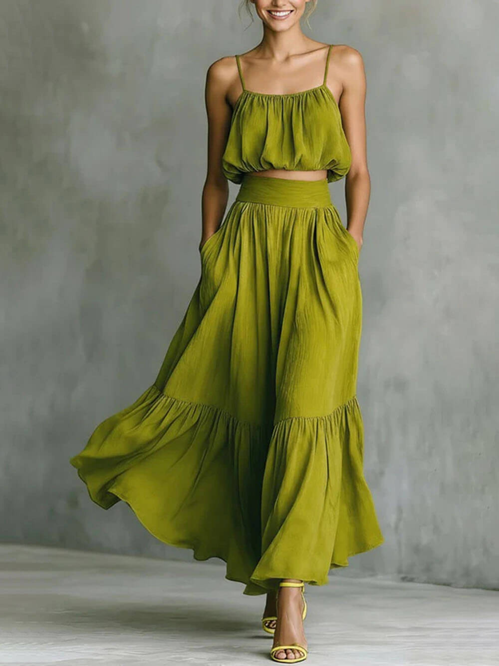 Fashion Linen Blend Bubble Slip Tank and High Rise Pocket A-line Maxi Skirt Set