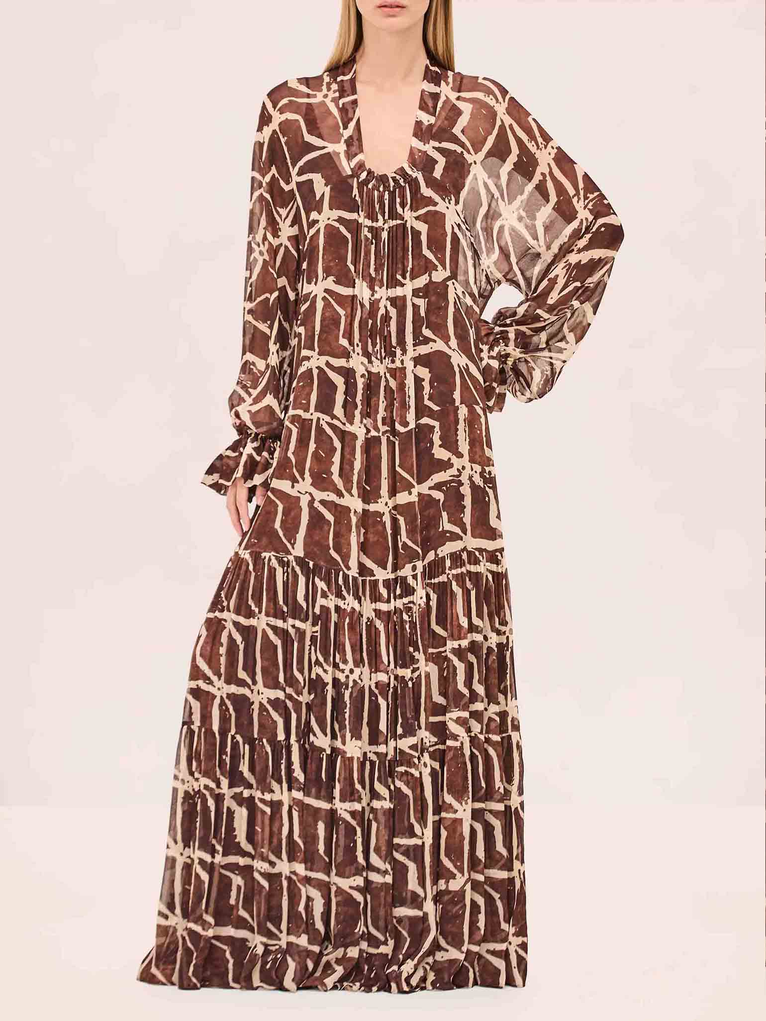 Elegant Abstract Geometric Print Pleated Maxi Dress