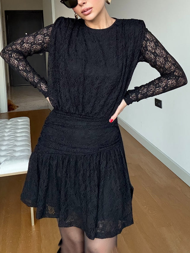 Elegant Long-sleeved Lace-textured Mini Dress