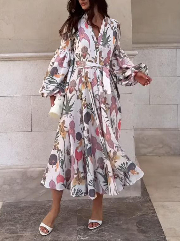Elegant Botanical Floral Print Midi Dress