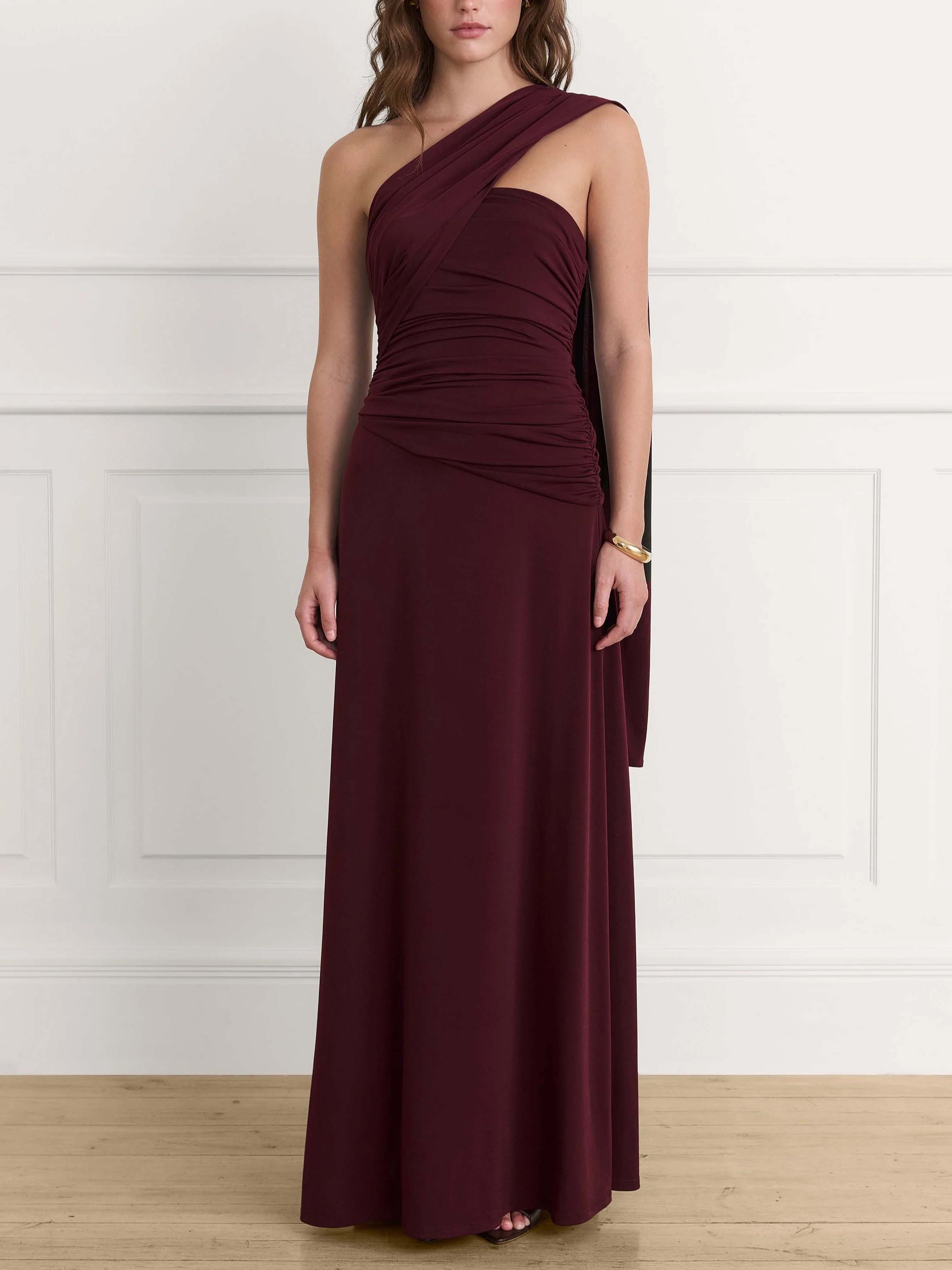 Elegant One-shoulder Draped Pleated Fitted Maxi Dress