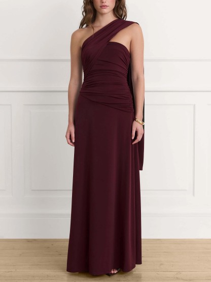 Elegant One-shoulder Draped Pleated Fitted Maxi Dress