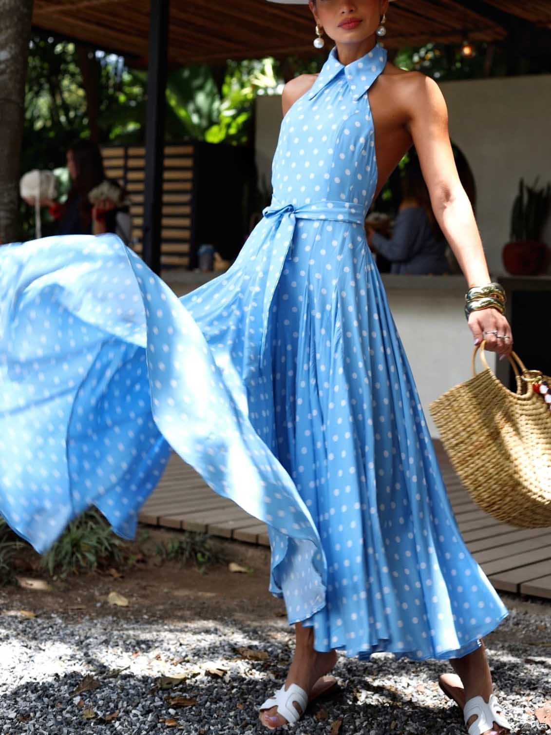 Elegant Polka Dot Print Open Back Puffy Maxi Dress