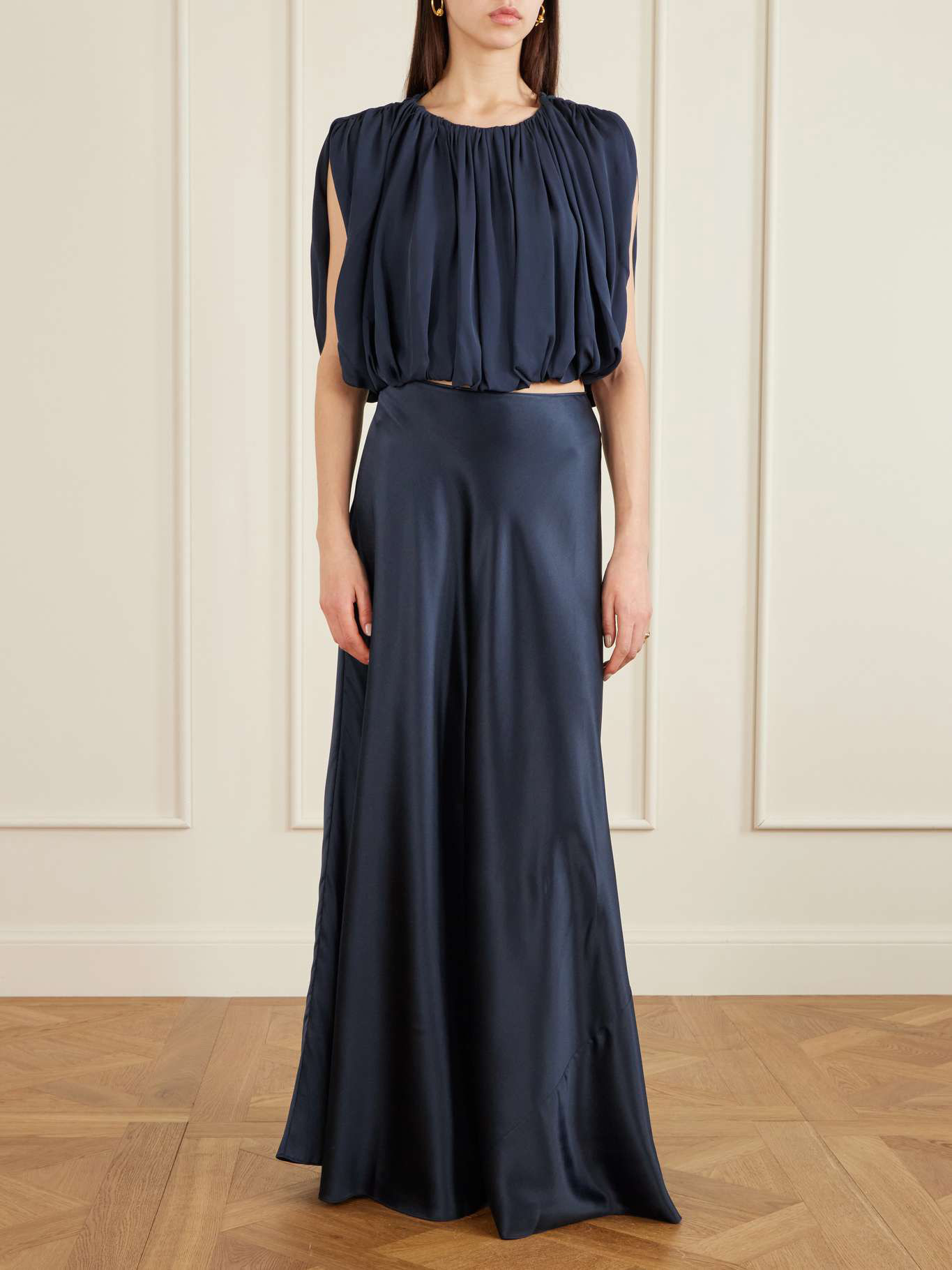 Elegant Ruched Crop Top & Satin Midi Skirt Set