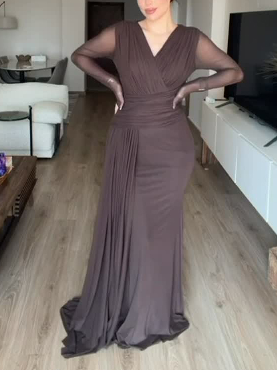 Elegant Long-sleeved Mesh Pleated Maxi Dress