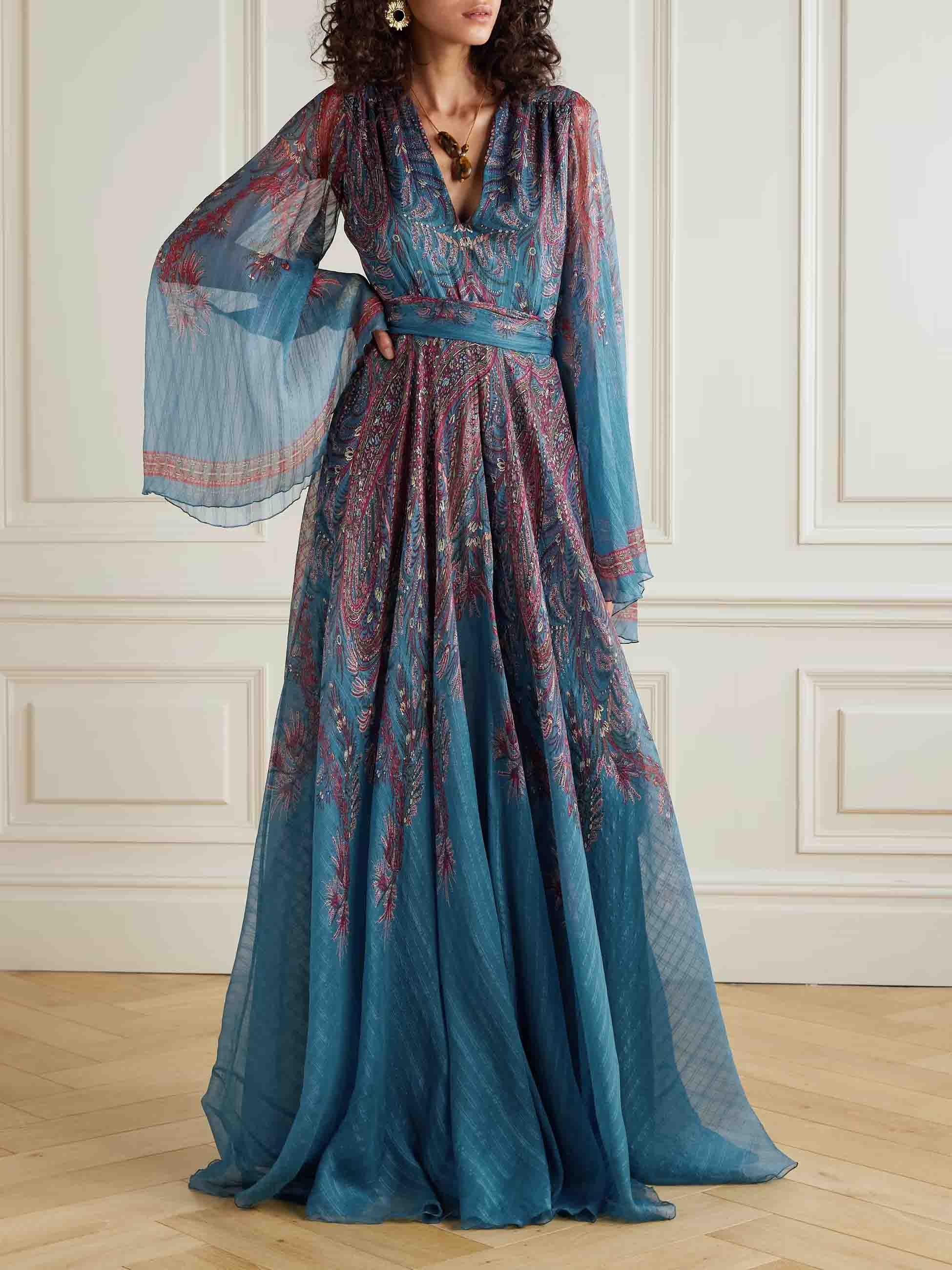 Retro Paisley Print Belted Maxi Dress