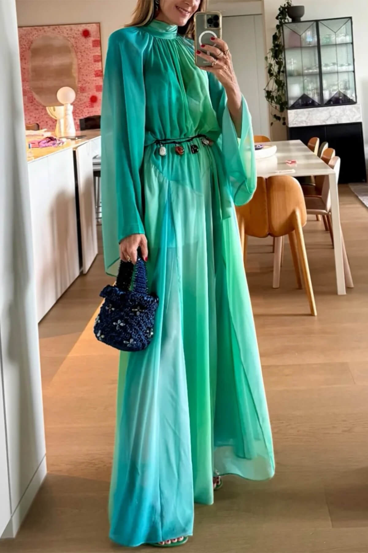 Delicate Gradient Print Draped Raglan Sleeve Maxi Dress