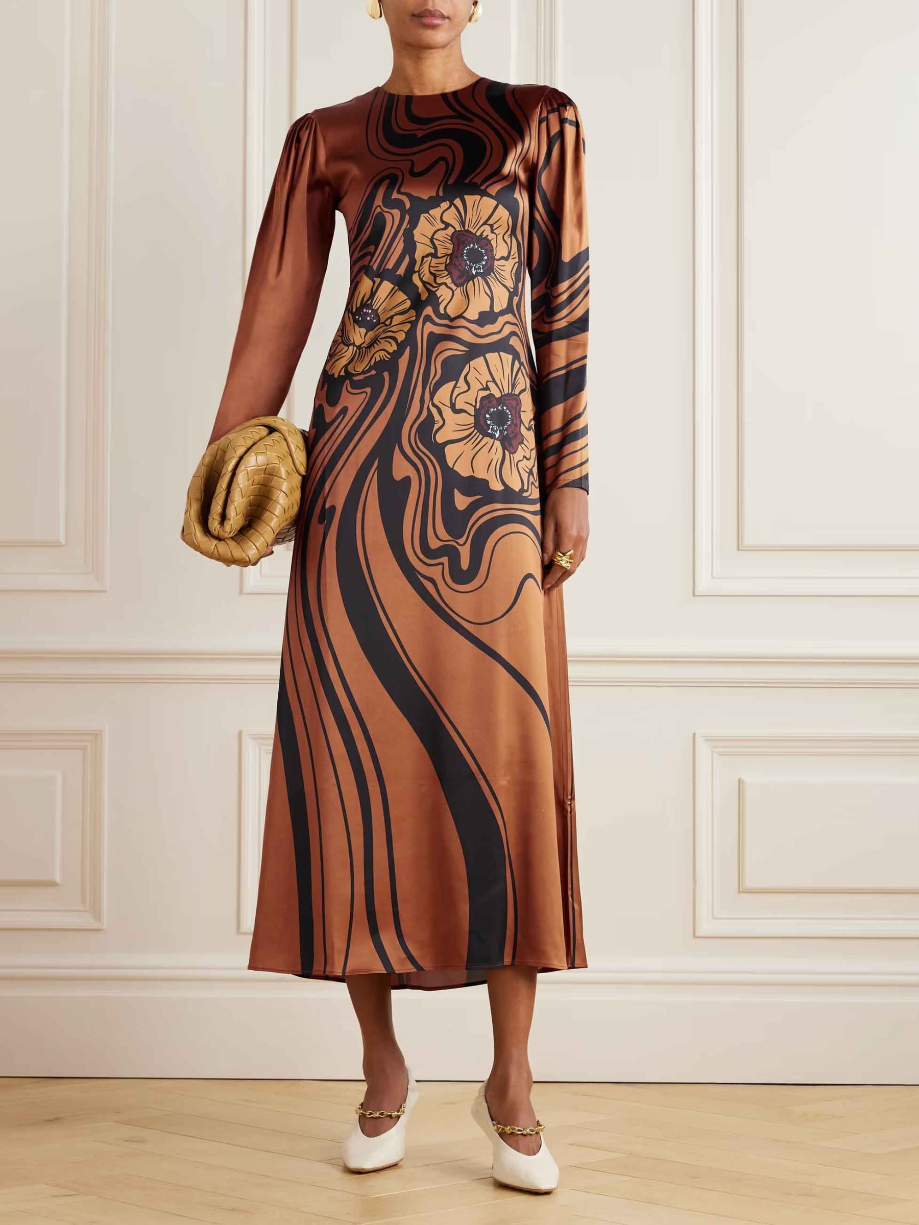 Delicate Floral Wave-print Satin Midi Dress