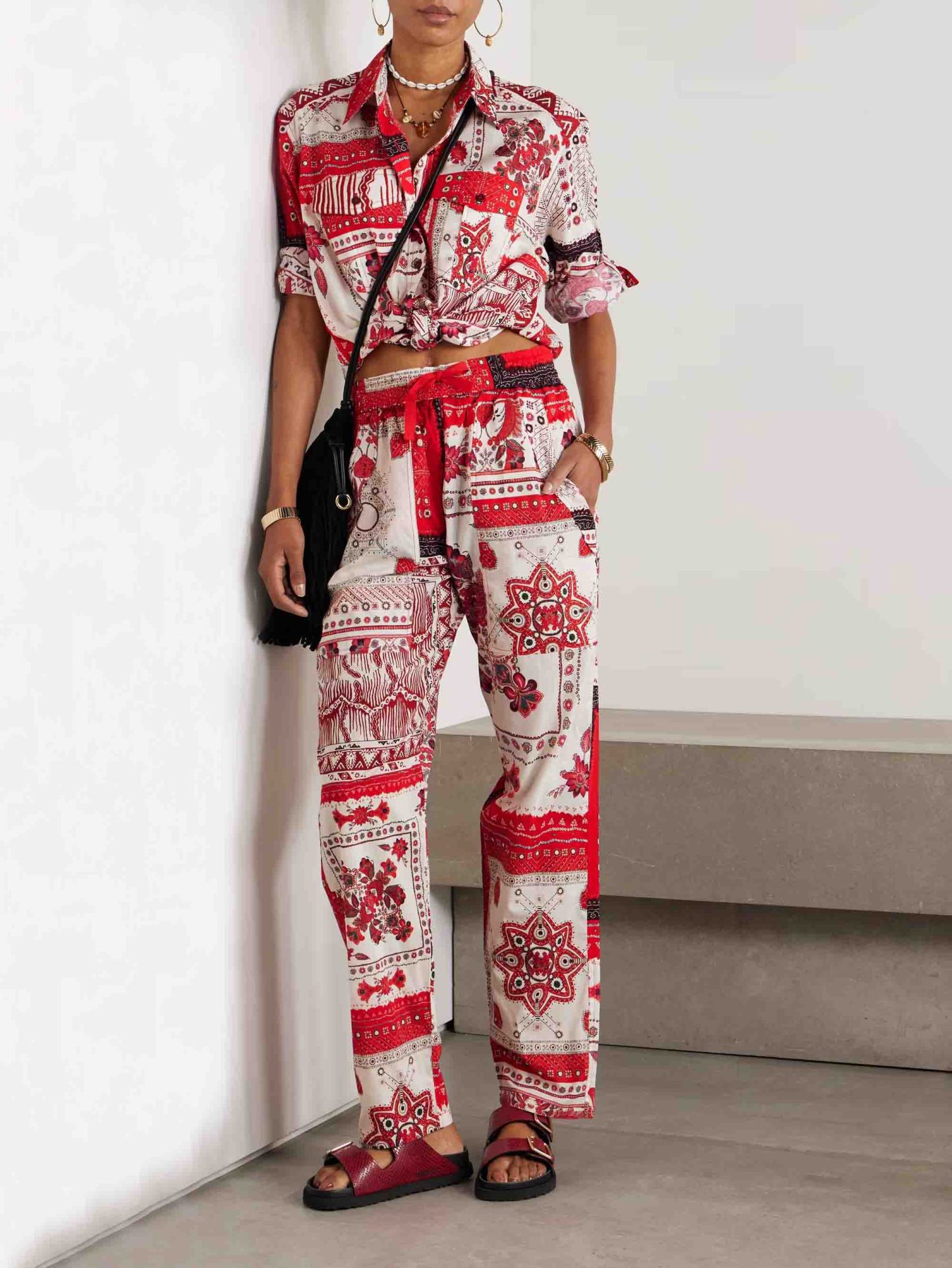 Casual Ethnic Floral Print Drawstring Wide-leg Pants
