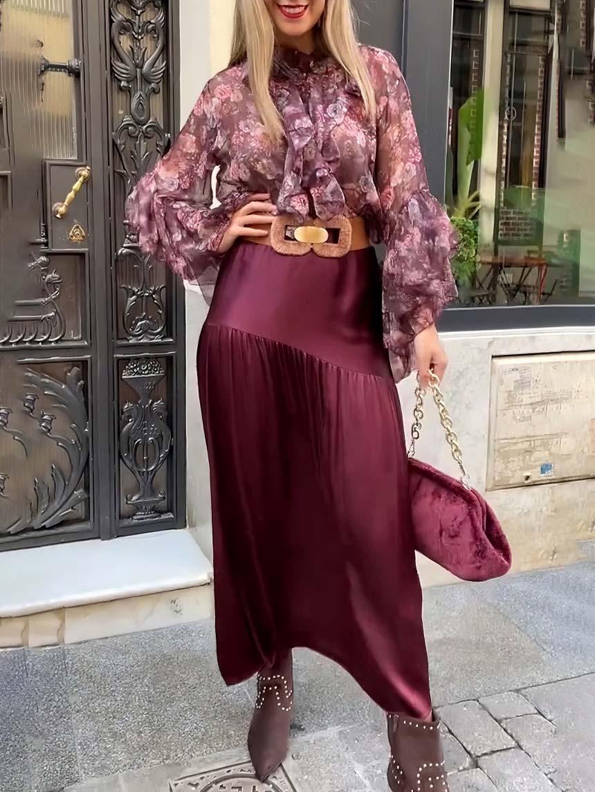 Elegant Floral Ruffled Chiffon Shirt And Skirt Two-piece Set