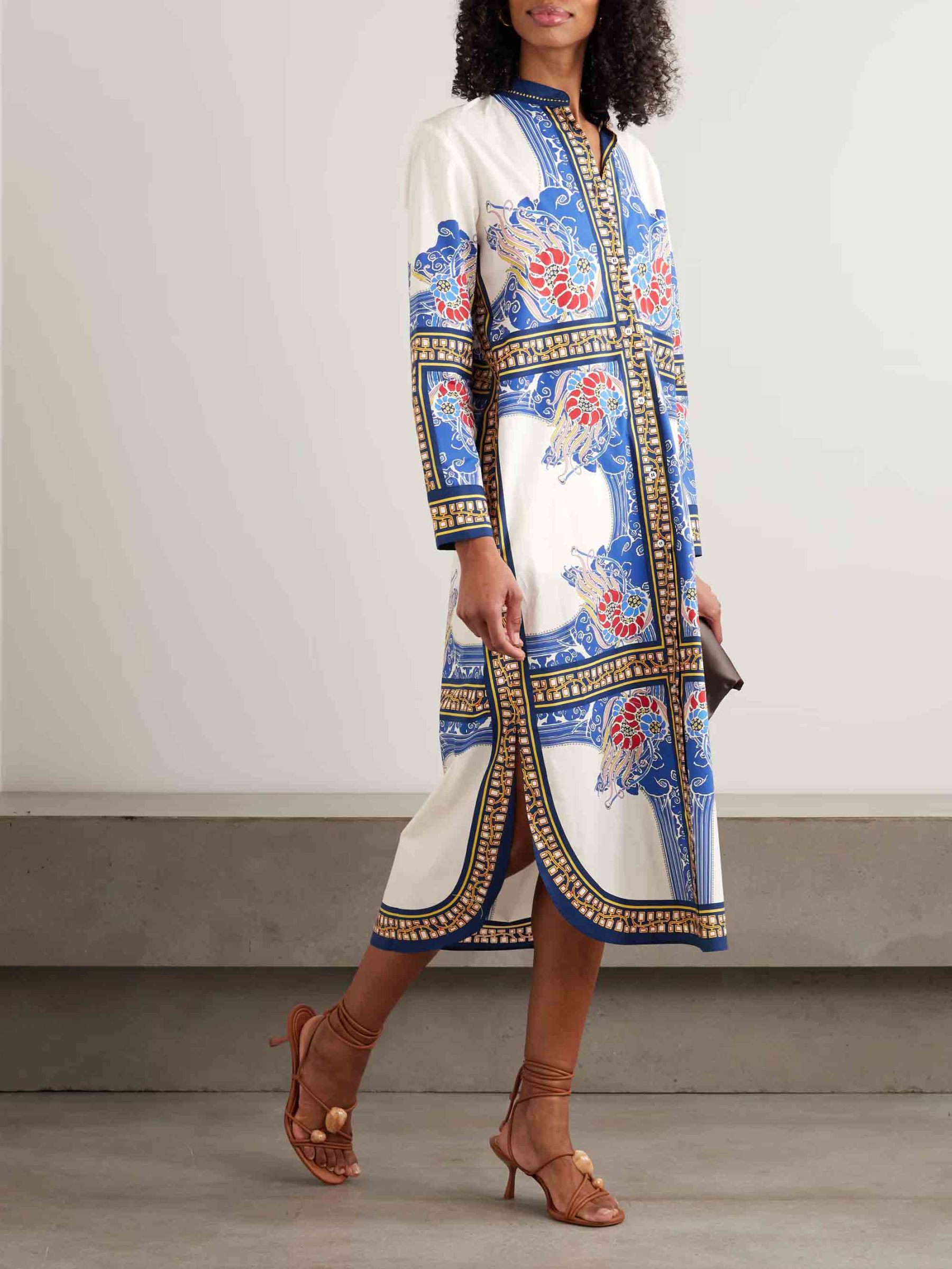 Elegant Bohemian Print Shirt Midi Dress