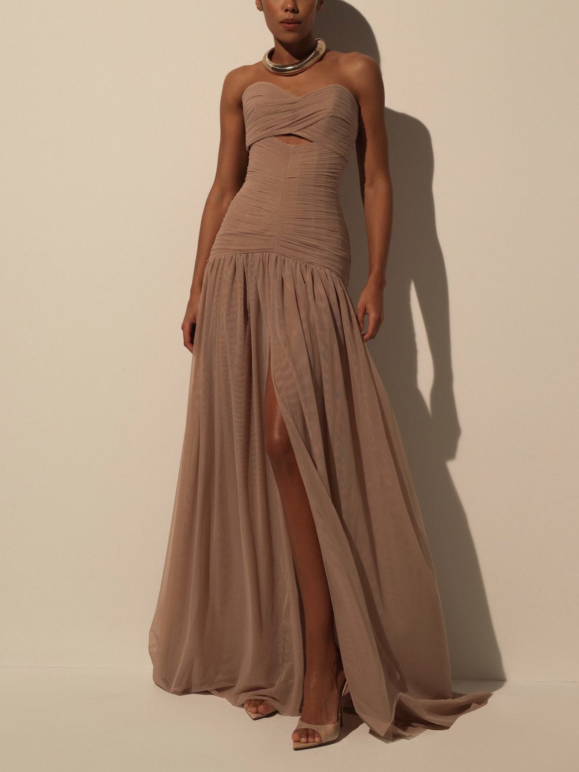 Elegant Strapless Ruched Mesh Maxi Dress