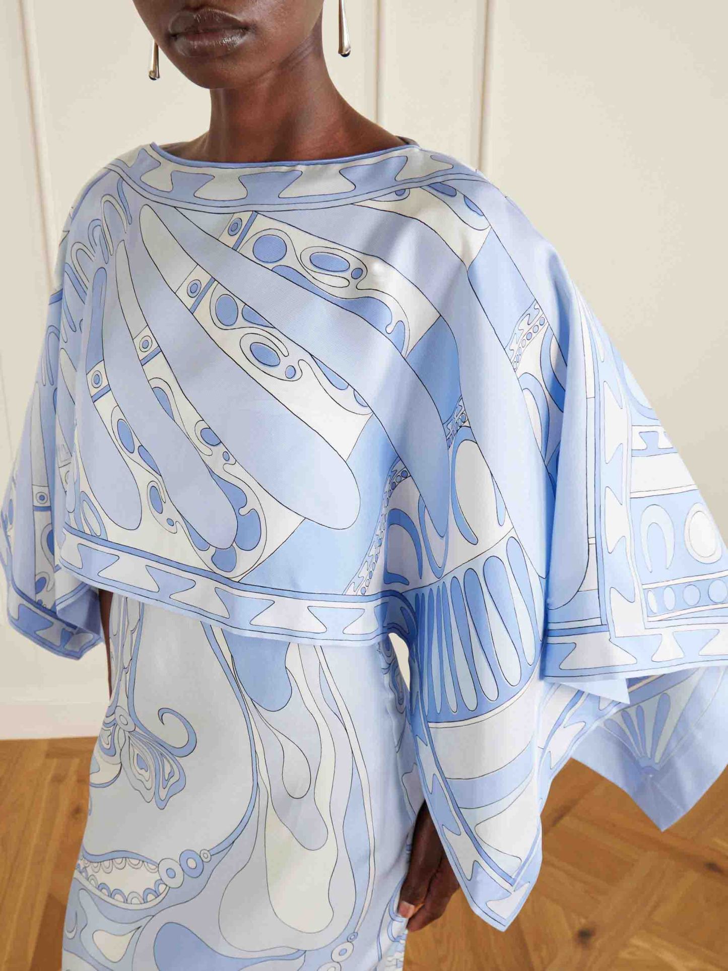 Elegant Abstract Print Cape Sleeve Satin Two-Piece Set