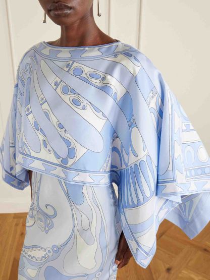 Elegant Abstract Print Cape Sleeve Satin Two-Piece Set