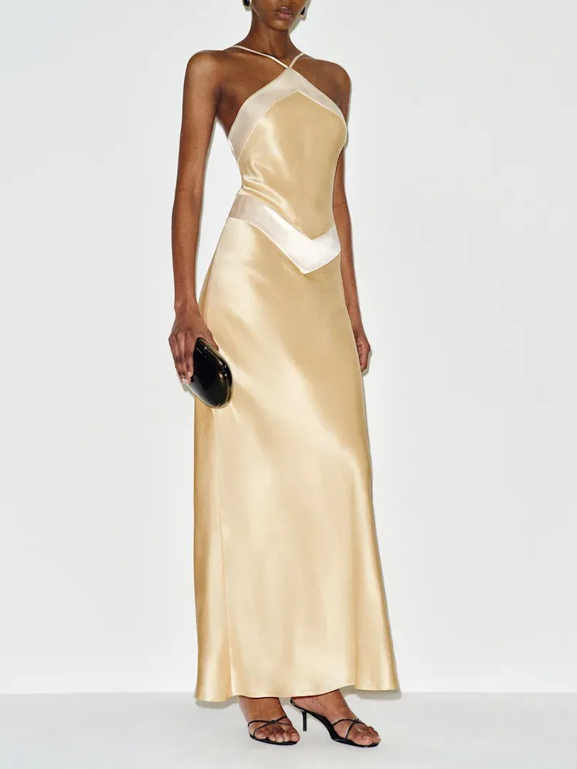 Elegant Satin Halter Neck Color-Block Maxi Dress