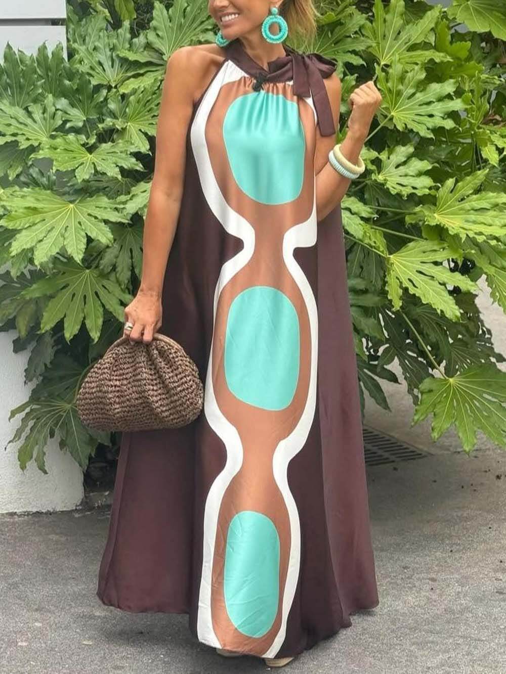 Unique Print Sleeveless Halter Neck Loose Holiday Maxi Dress