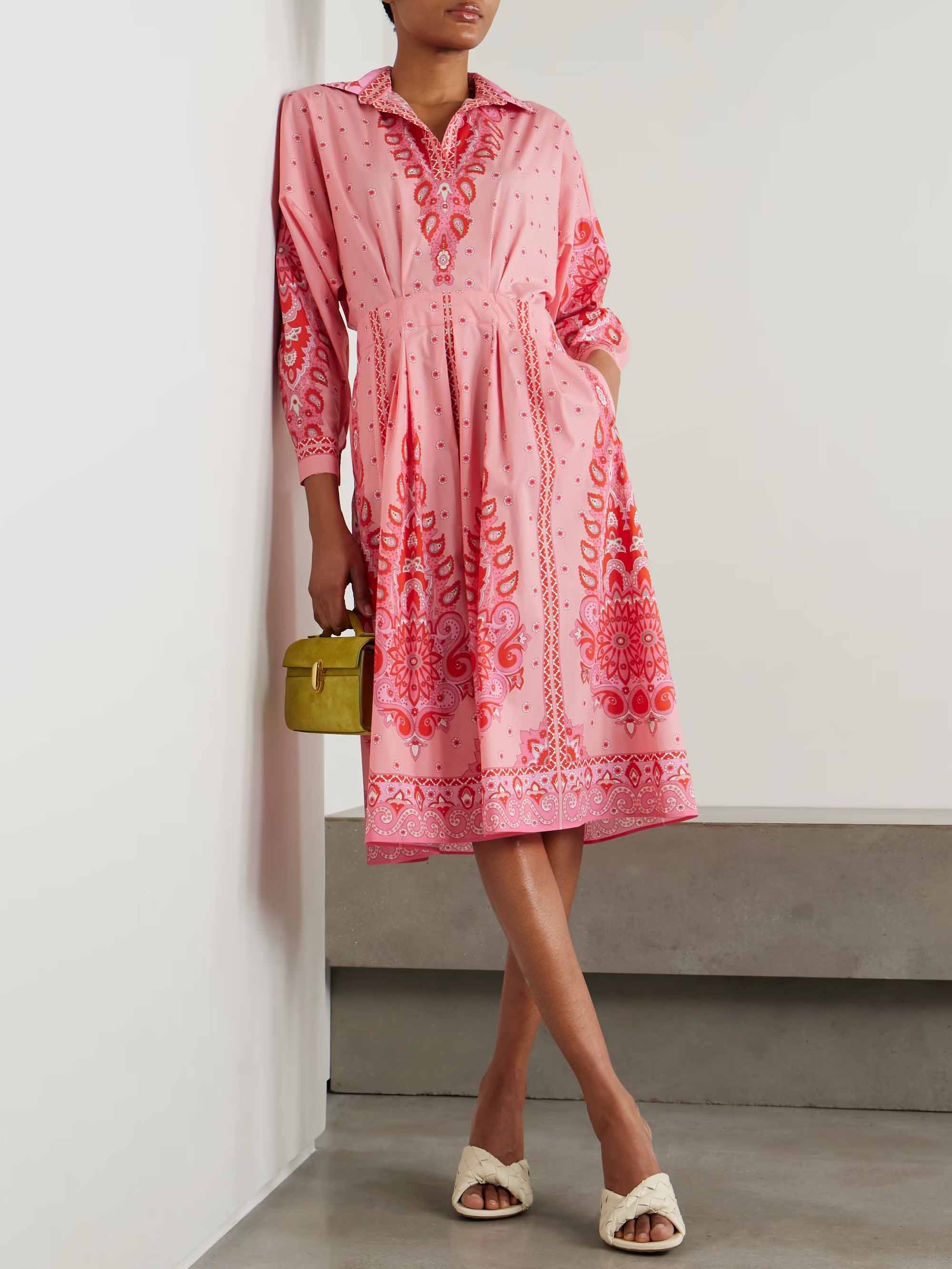 Casual Paisley Print Pleated Shirt Midi Dress