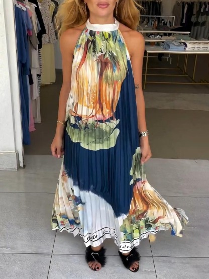 Unique Abstract Landscape Print Pleated Maxi Dress