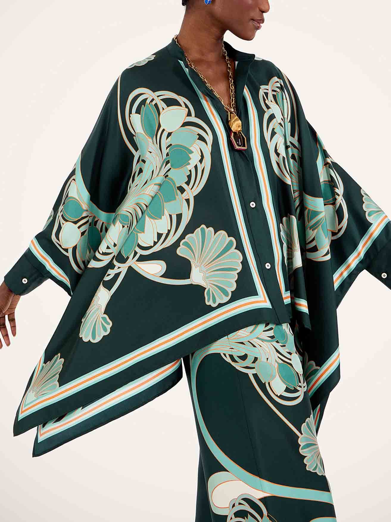 Elegant Abstract Print Satin Shirt & Wide Leg Pants Set