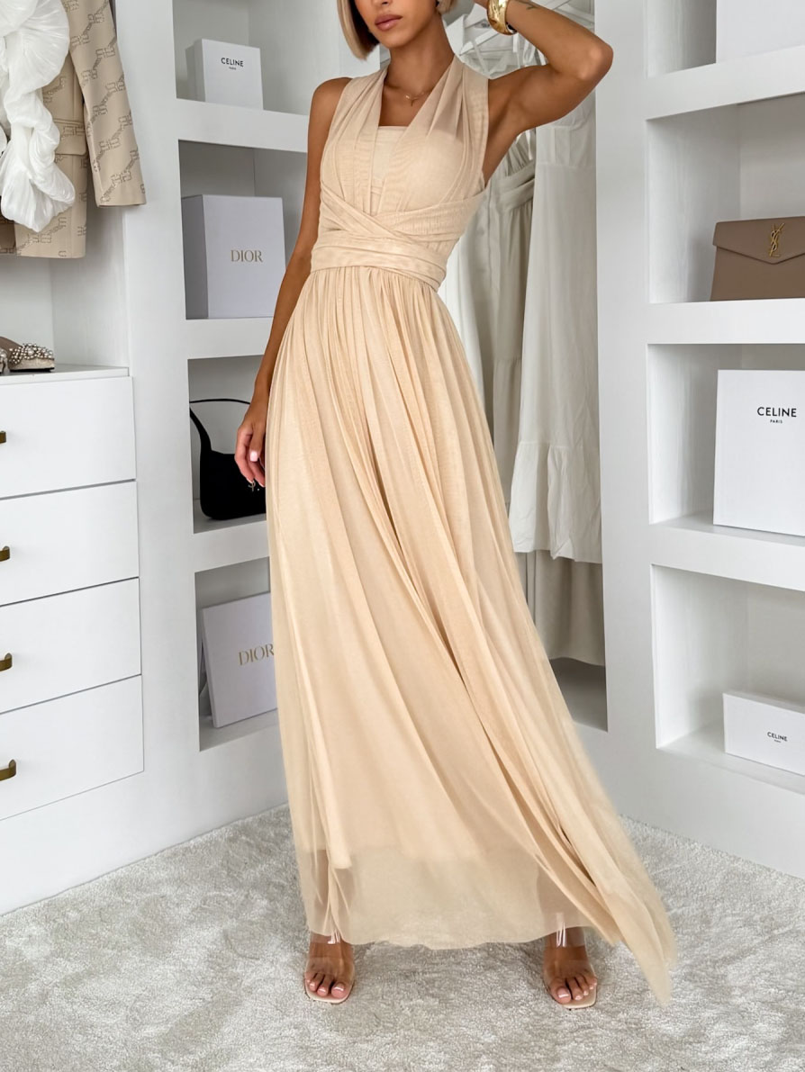 Elegant Sleeveless Mesh Ruched Convertible Maxi Dress