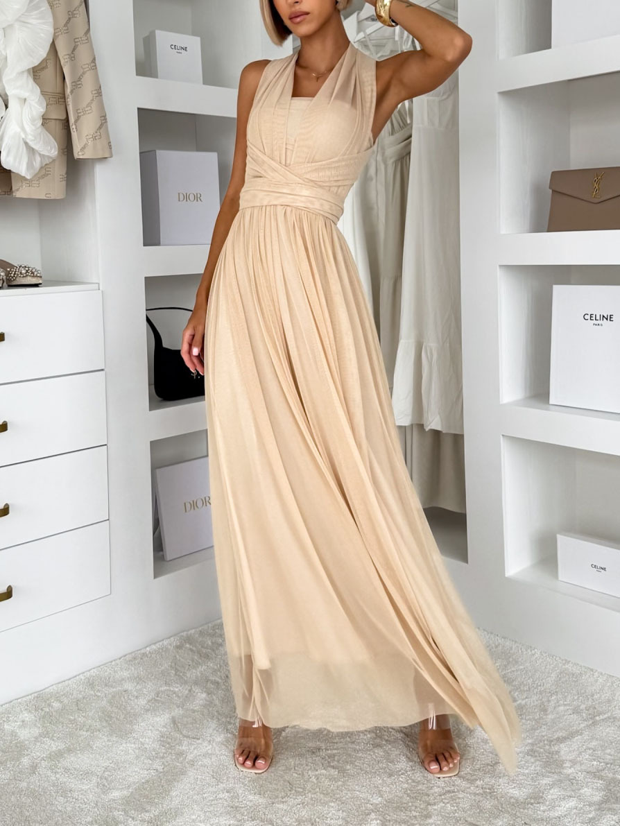 Elegant Sleeveless Mesh Ruched Convertible Maxi Dress