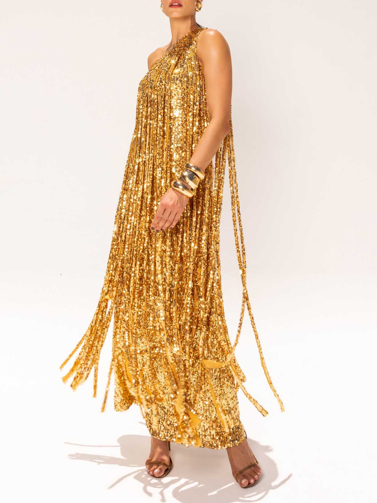 Elegant One-shoulder Neckline Tassel Sequin Maxi Dress