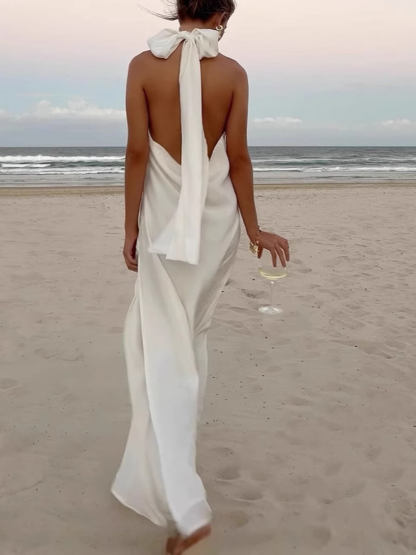 Retro Floral Crochet Satin Halter Backless Tie Maxi Dress