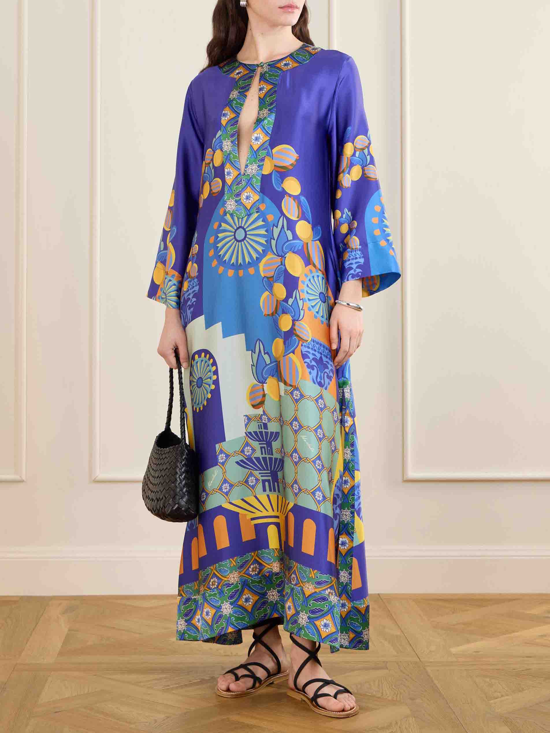 Unique Painted Print Satin Kaftan Maxi Dress