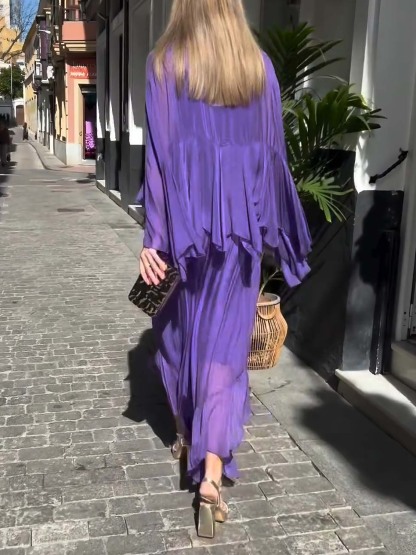 Elegant Asymmetrical Top & Ruffle Wide-Leg Pants Two-Piece Set