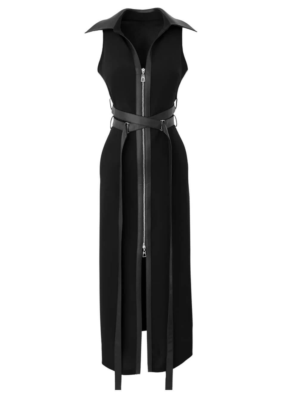 Retro Fashion Black Lace-up Zipper Maxi Dress