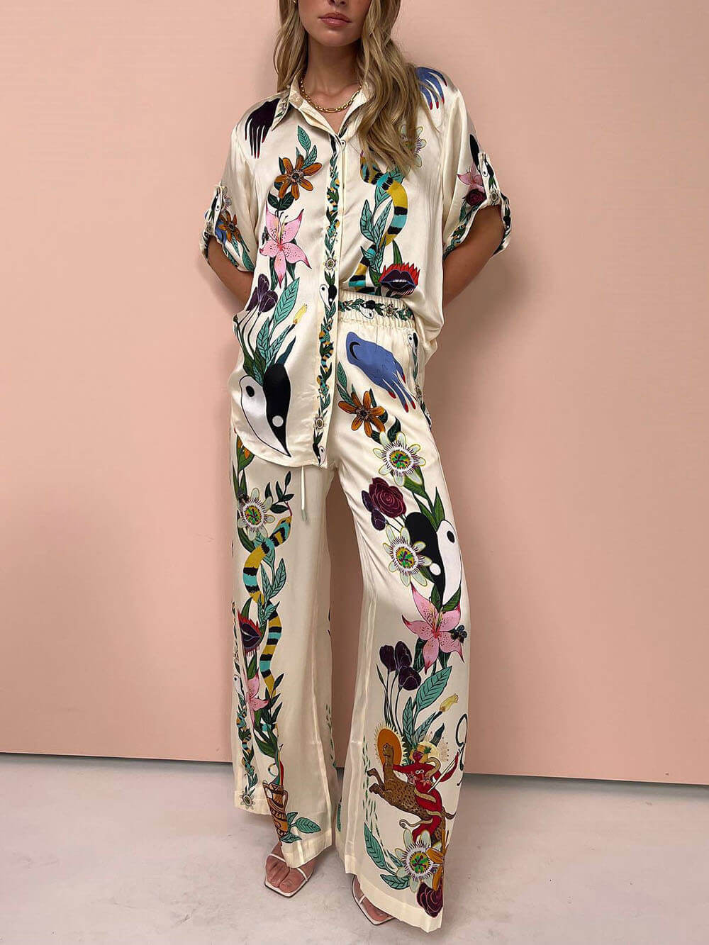 Modern Sophisticated Feel Satin Unique Print Oversized Blouse Elastic Waist Pocketed Wide Leg Pants Set
