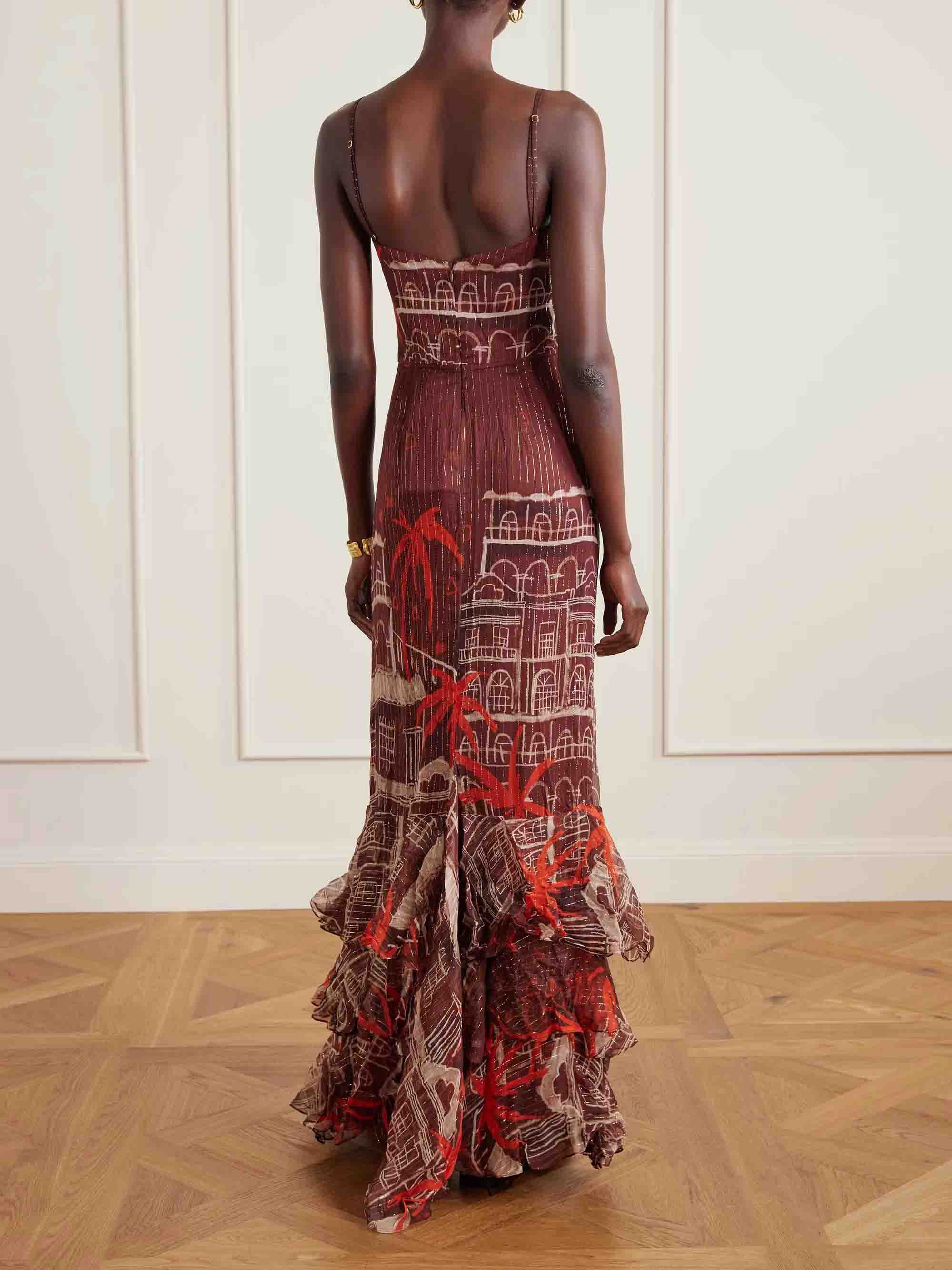 Retro Palm Tree Print Chiffon Maxi Dress