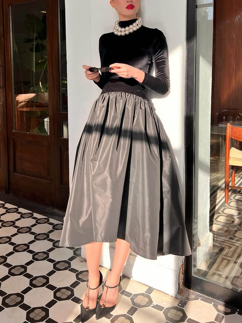 Elegant High-neck Velvet Patchwork Midi Dress