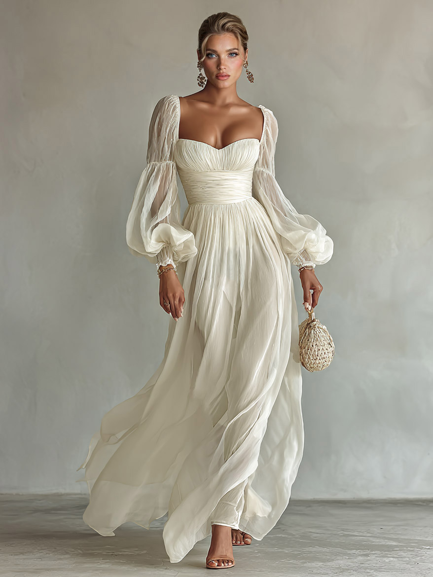 Bohemian Pleated Waist Puff Sleeve Chiffon Maxi Dress