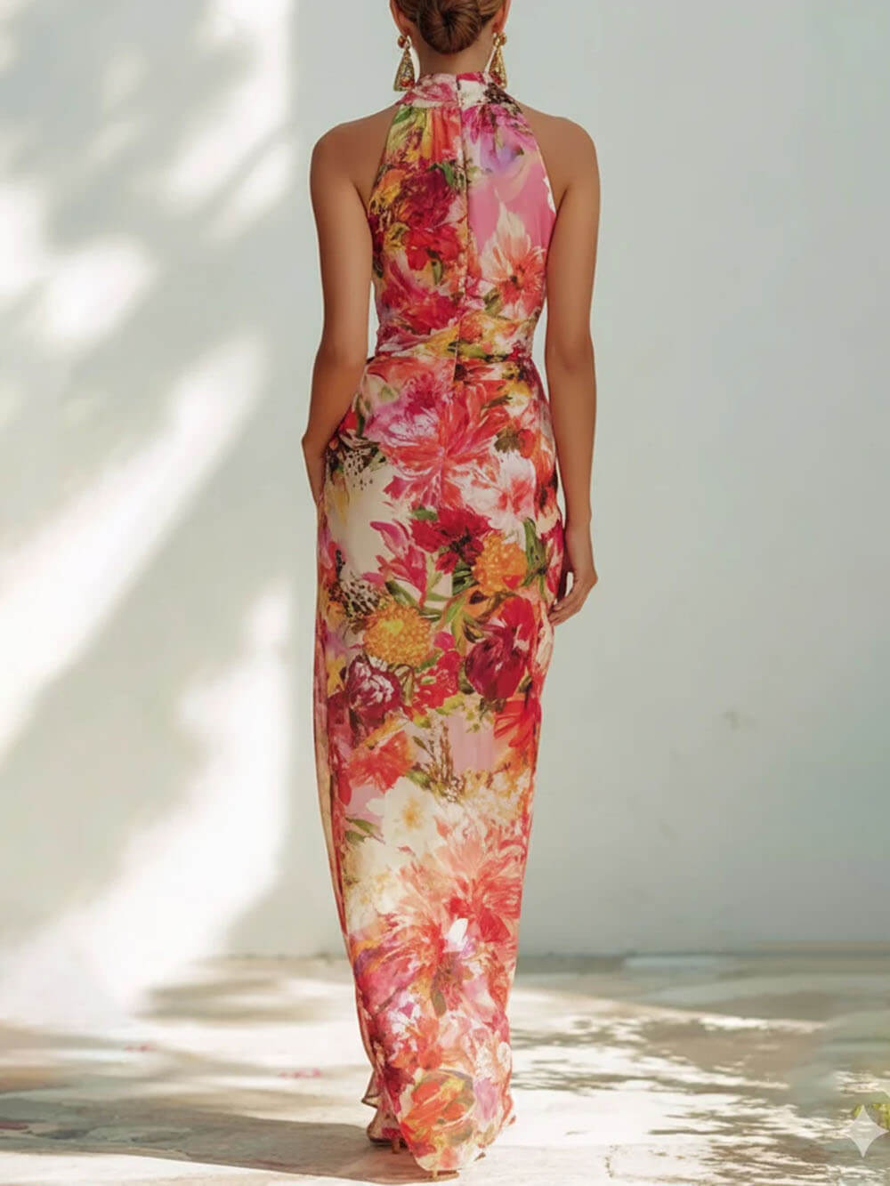 Fashion Floral Chiffon Halter Sleeveless A-Line Maxi Dress
