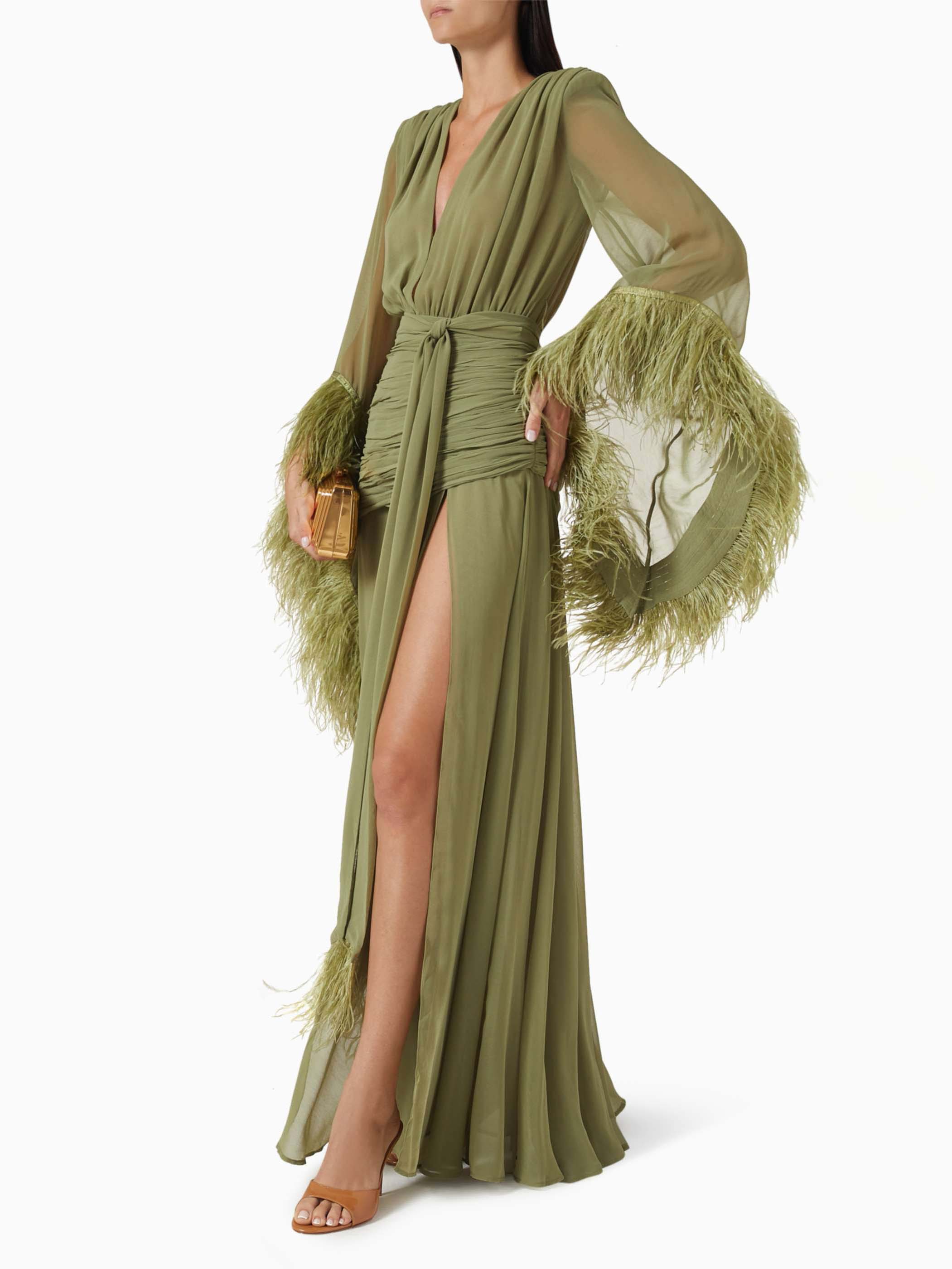 Elegant V-Neck Feather Cuff Flowing Chiffon Maxi Dress
