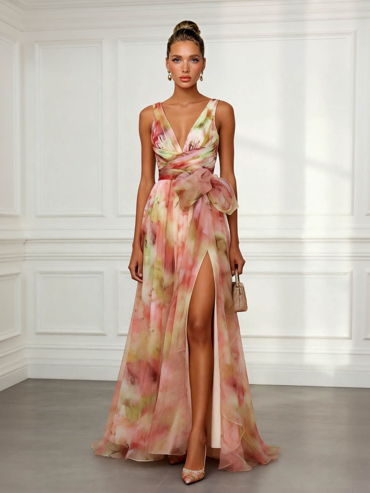 Elegant Abstract Print V-Neck Tie-Waist Maxi Dress