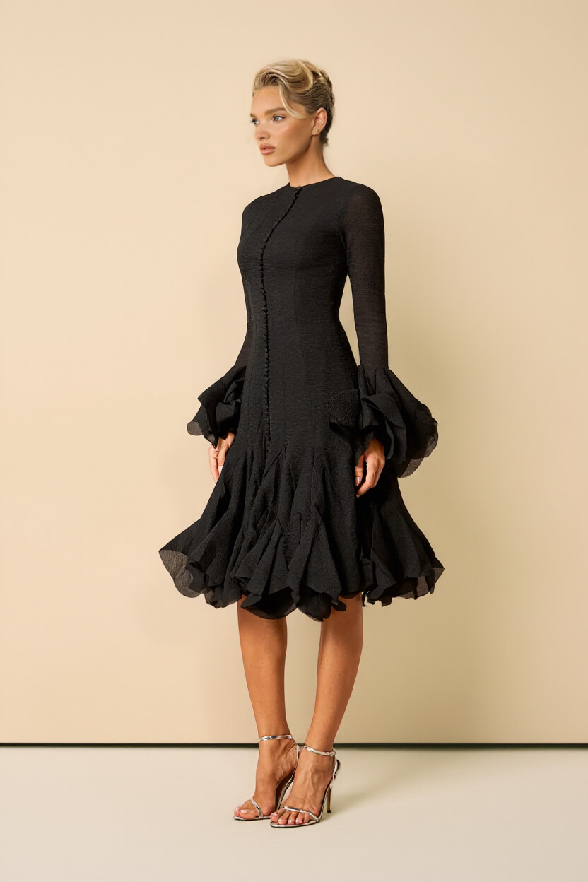 Elegant Black Ruffle-Trimmed Bell Sleeve Midi Dress