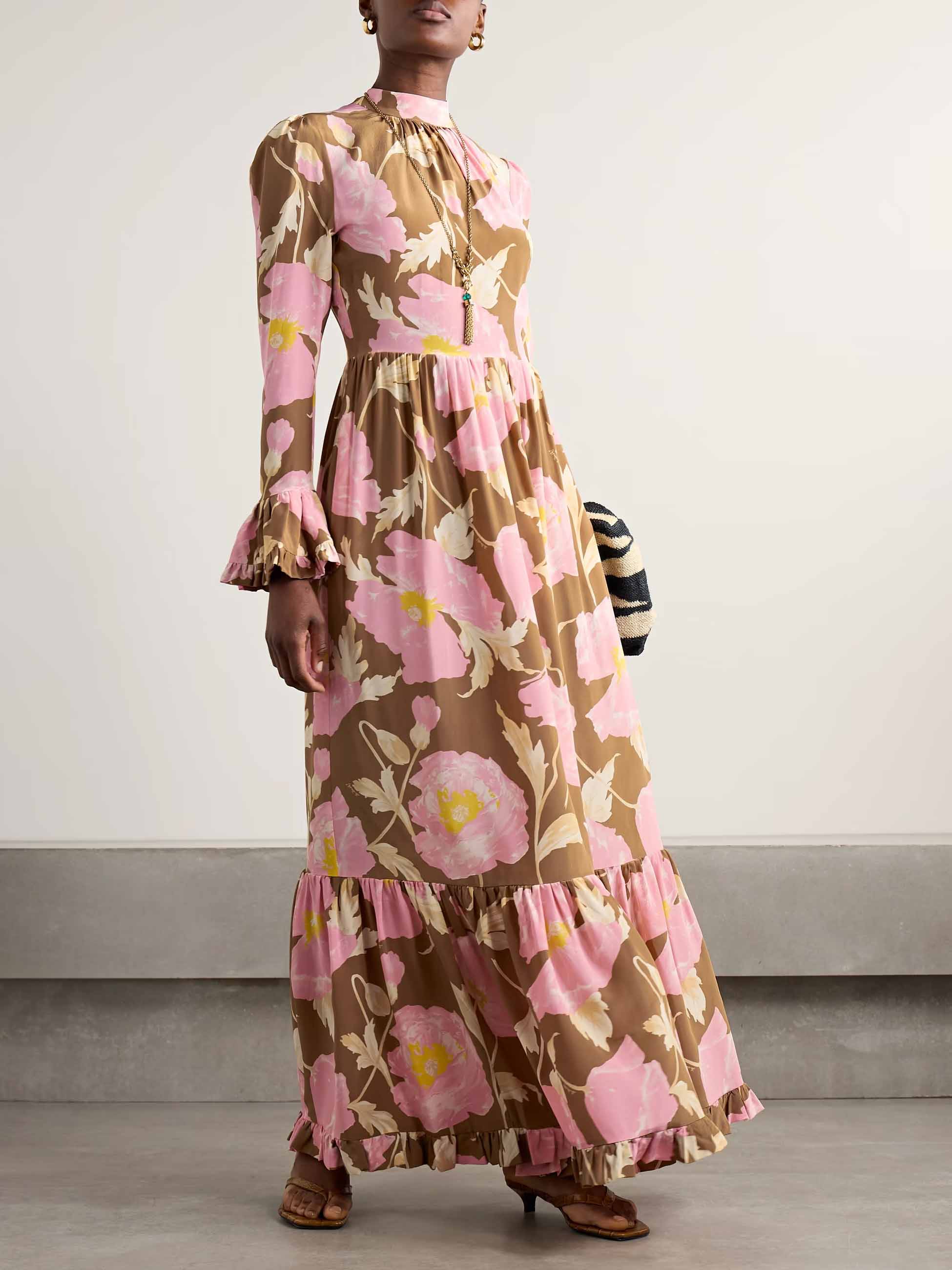 Retro Tiered Ruffled Floral Print Maxi Dress