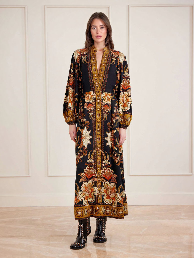 Retro Baroque Floral Print Button-Front Maxi Dress