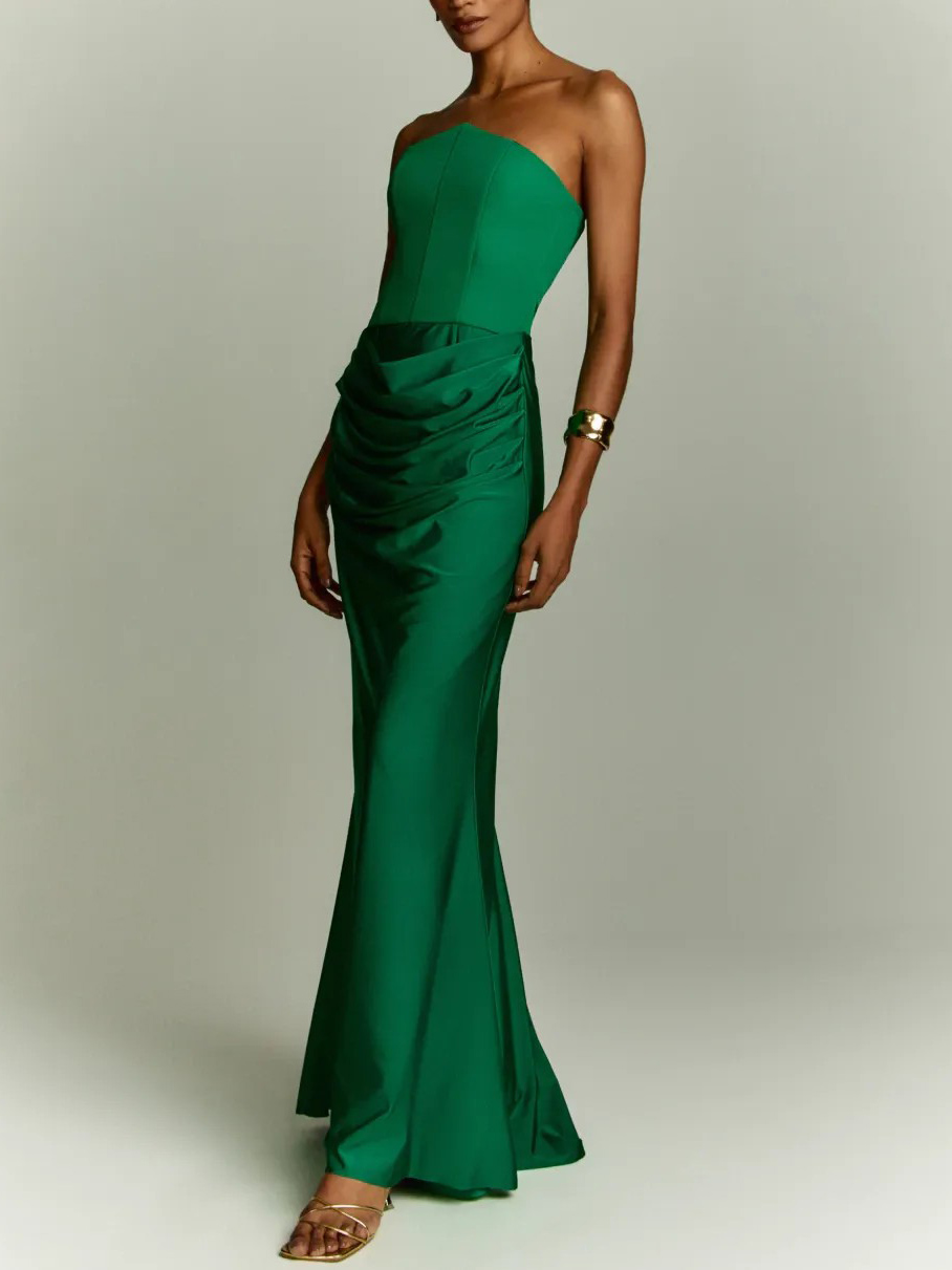 Elegant Strapless Pleated Party Maxi Dress