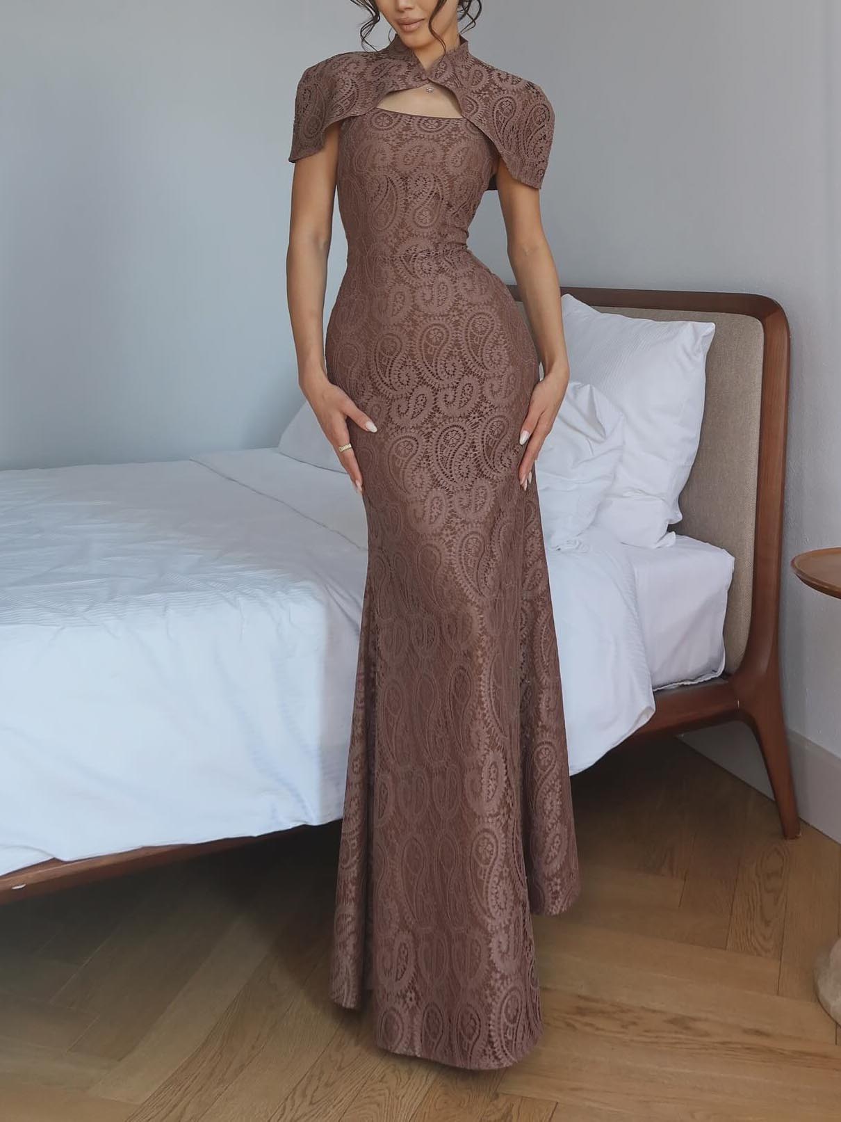 Elegant Lace Cape-Neck Fitted Maxi Dress
