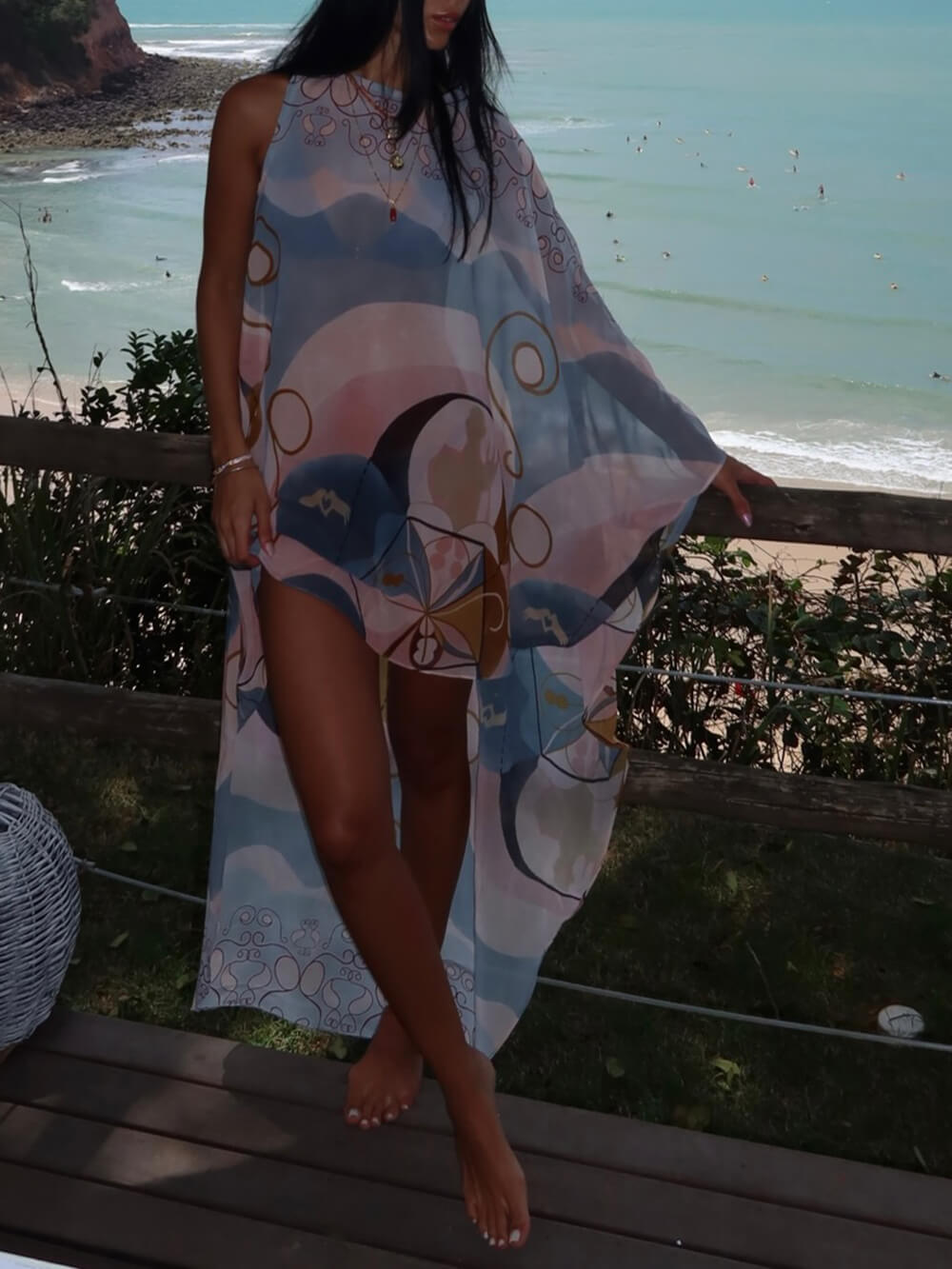 Exquisite Satin Printed Asymmetrical Batwing Loose Maxi Dress