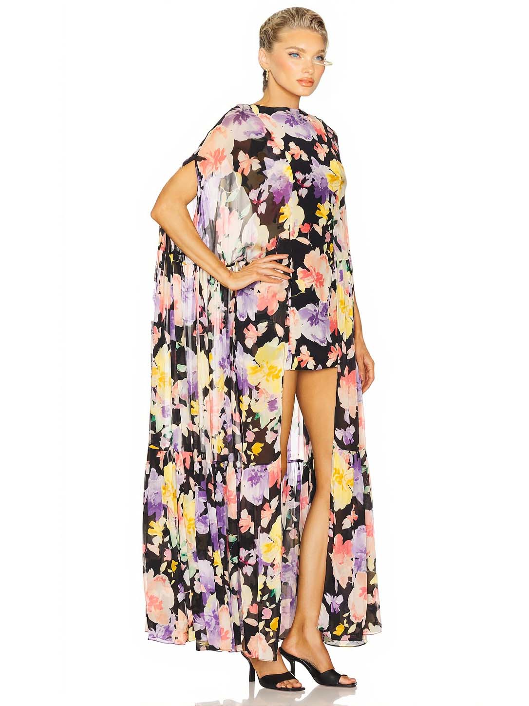 Elegant Floral Print Sheer Cape High-Low Mini Dress